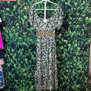 Boho Western Green Floral Smocked Maxi Dress